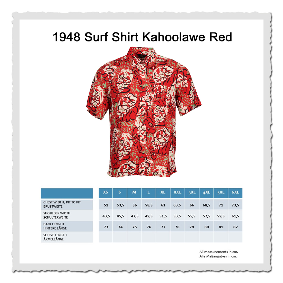 Masstabelle Pike Brothers 1948 Surf Shirt Kahoolawe Red – Retro-Hawaiihemd